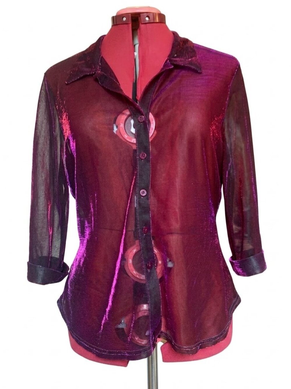 DALMYS - Vintage Sheer Metallic Purple Button-Up Jacket - Medium large